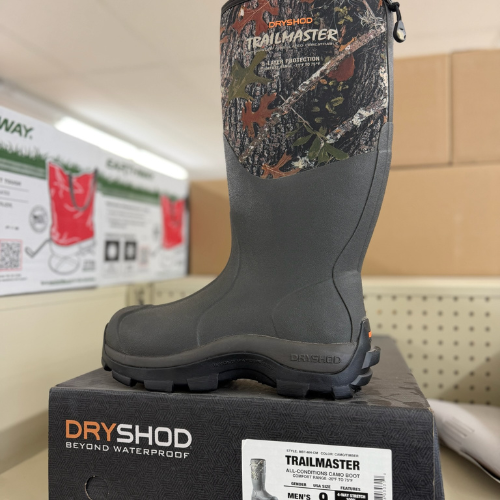 Gray waterproof boot with camouflage design on top, displayed on a box labeled 