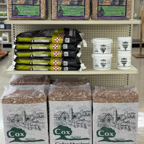 Store shelf displaying equine products: top shelf has horse feed bags and supplement containers; bottom shelf has three large packs of cedar shavings.